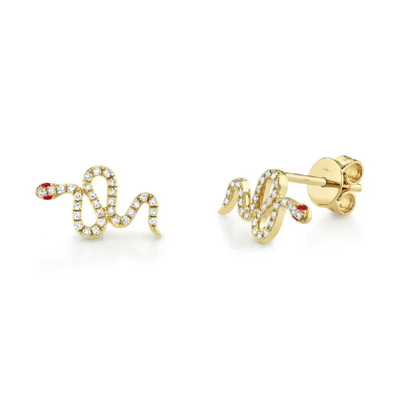 0.13CT DIAMOND & 0.03CT RUBY SNAKE STUD EARRING