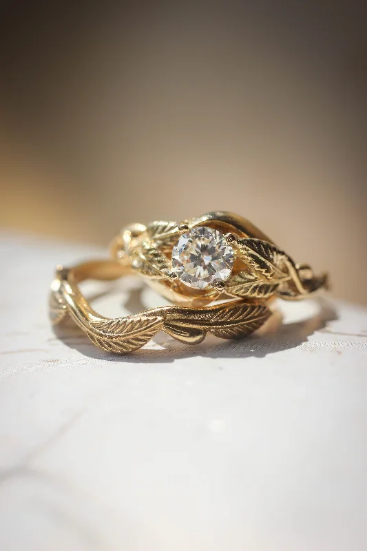 Bridal ring set, lab grown or natural diamonds ring with twig band / Azalea