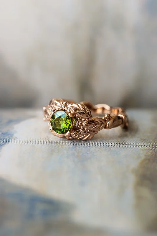 Green tourmaline engagement ring, leaves and grains ring