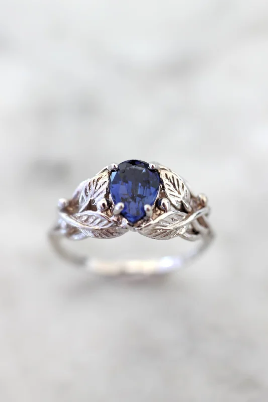 Lab sapphire engagement ring, leaves ring / Viola