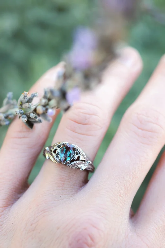 Pear alexandrite ring, gold leaves engagement ring / Wisteria