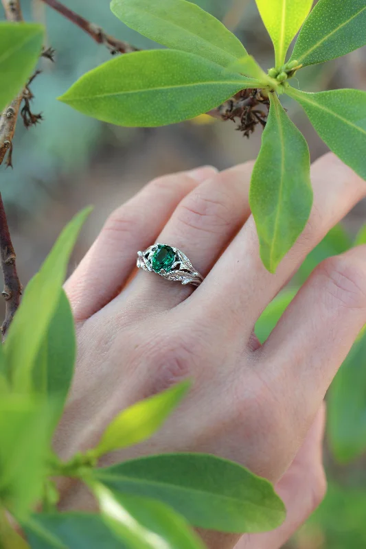 Pear cut emerald ring, leaves engagement ring / Wisteria