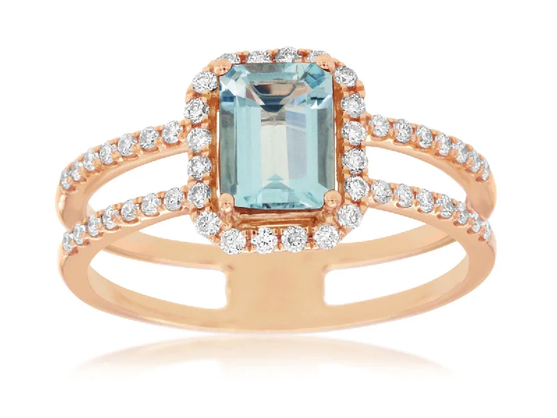 14K Rose Gold .87ct Aquamarine & .30cttw Diamond Halo Fashion Ring