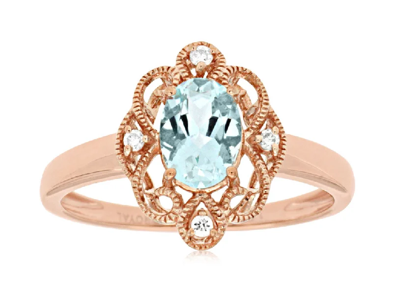 14k Rose Gold Fashion Ring .70ct Aquamarine & .04cttw Diamond Halo