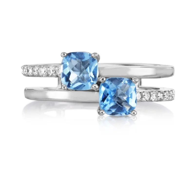 14K White Gold 5mm Cushion Blue Topaz/Diamond Ring