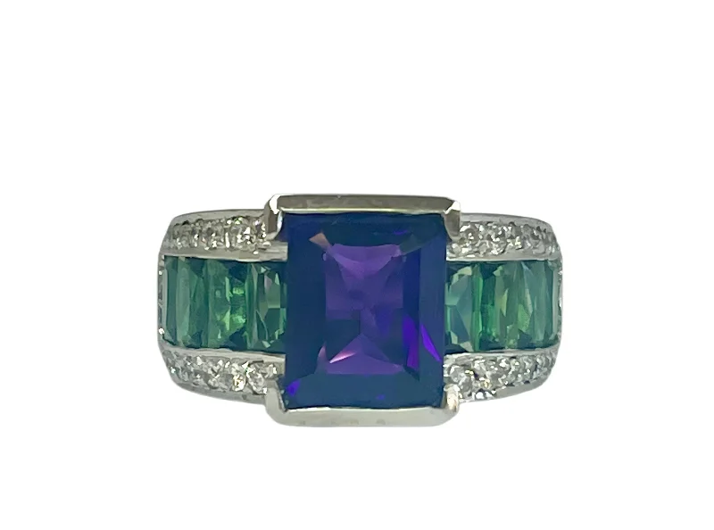 14k White Gold Amethyst, Tsavorite Garnet & Diamond Ring