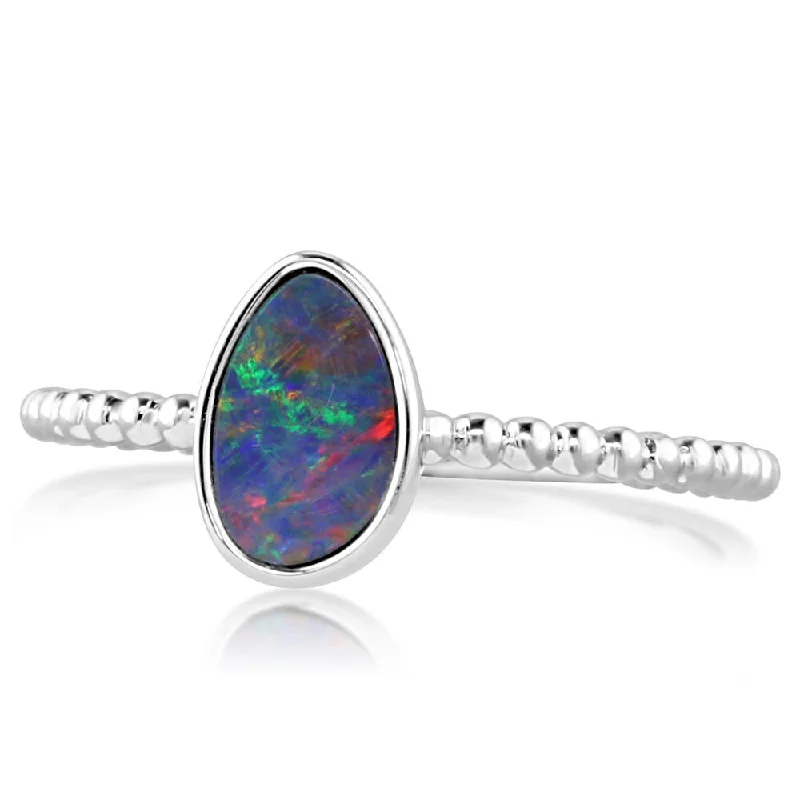 14K White Gold Australian Opal Doublet Beaded Shank Ring