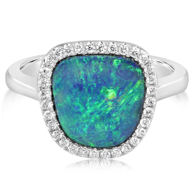 14K White Gold Australian Opal Doublet/Diamond Ring