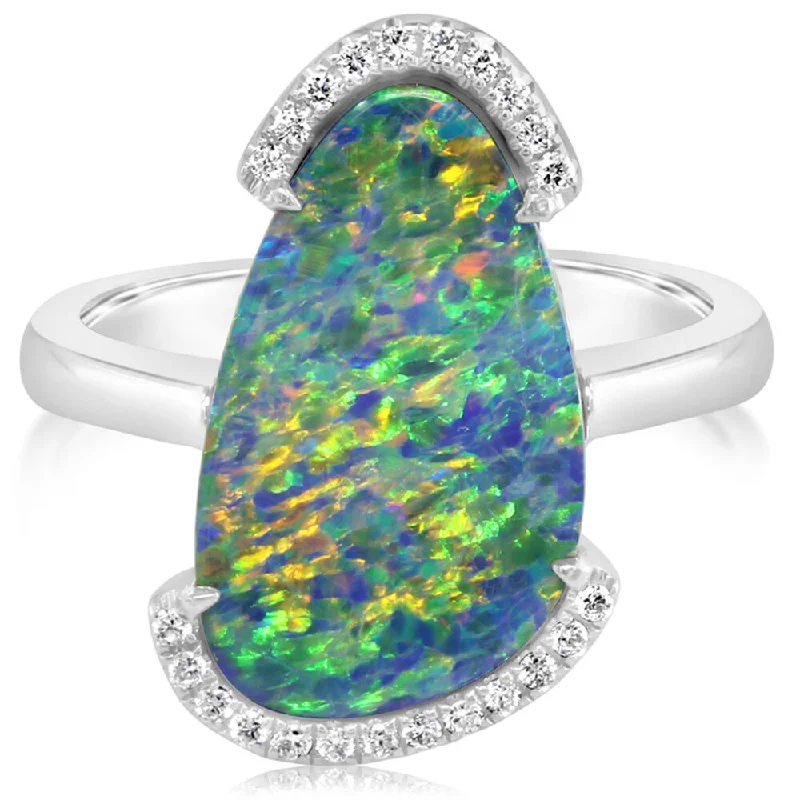 14K White Gold Australian Opal Doublet/Diamond Ring