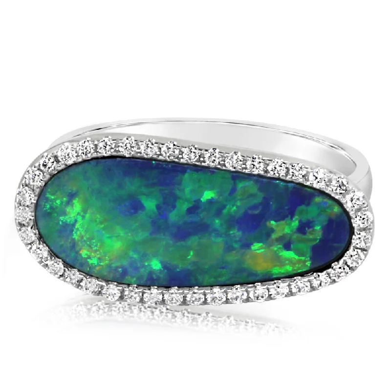 14K White Gold Australian Opal Doublet/Diamond Ring