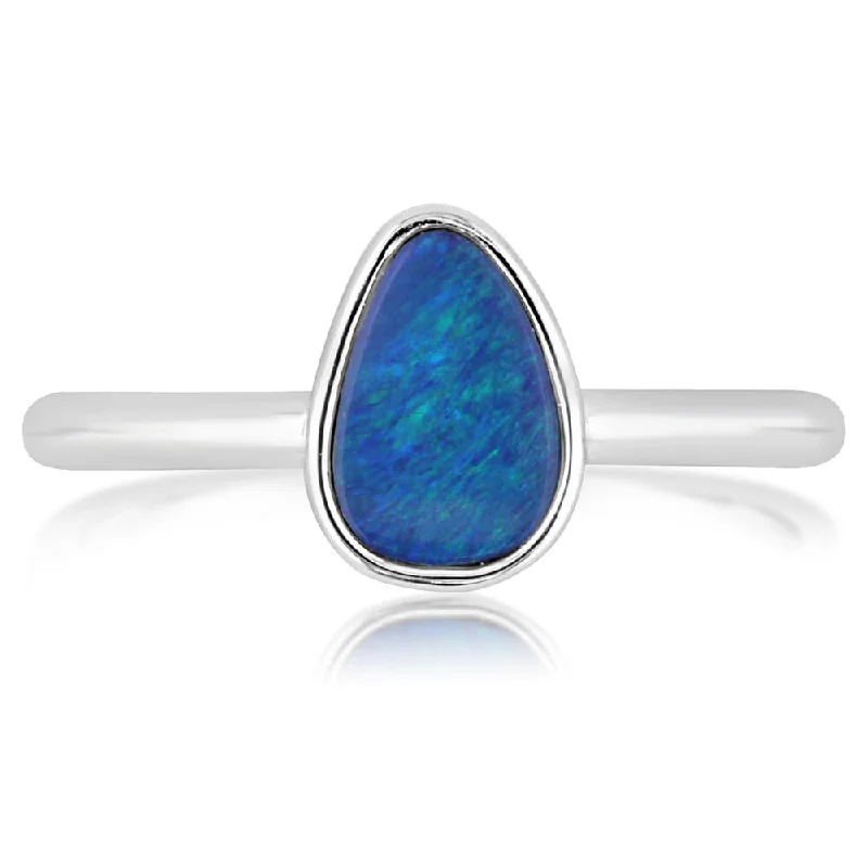 14K White Gold Australian Opal Doublet Smooth Shank Ring