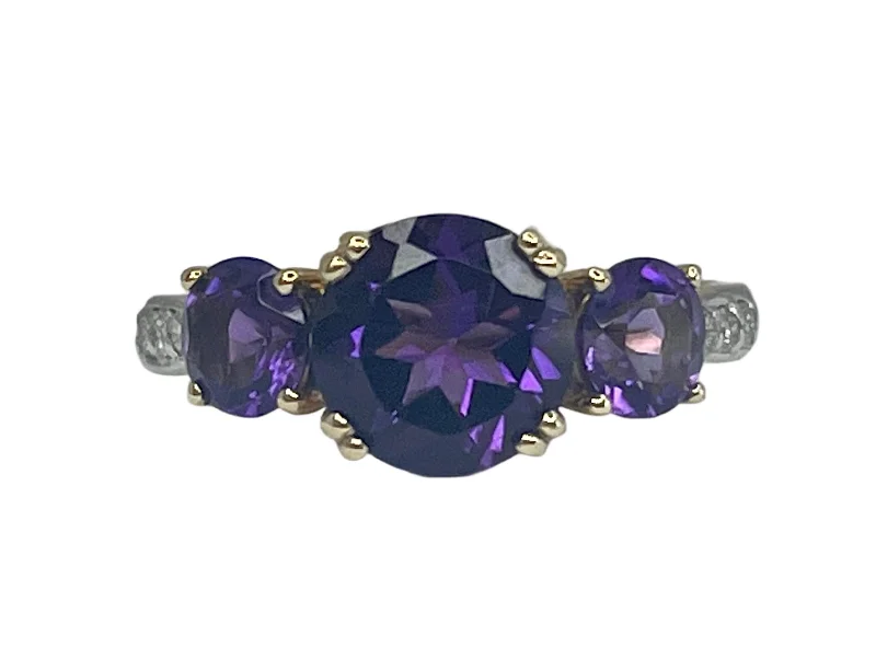 14k Yellow Gold 2.46cttw Amethyst & .09cttw Diamond Three Stone Ring