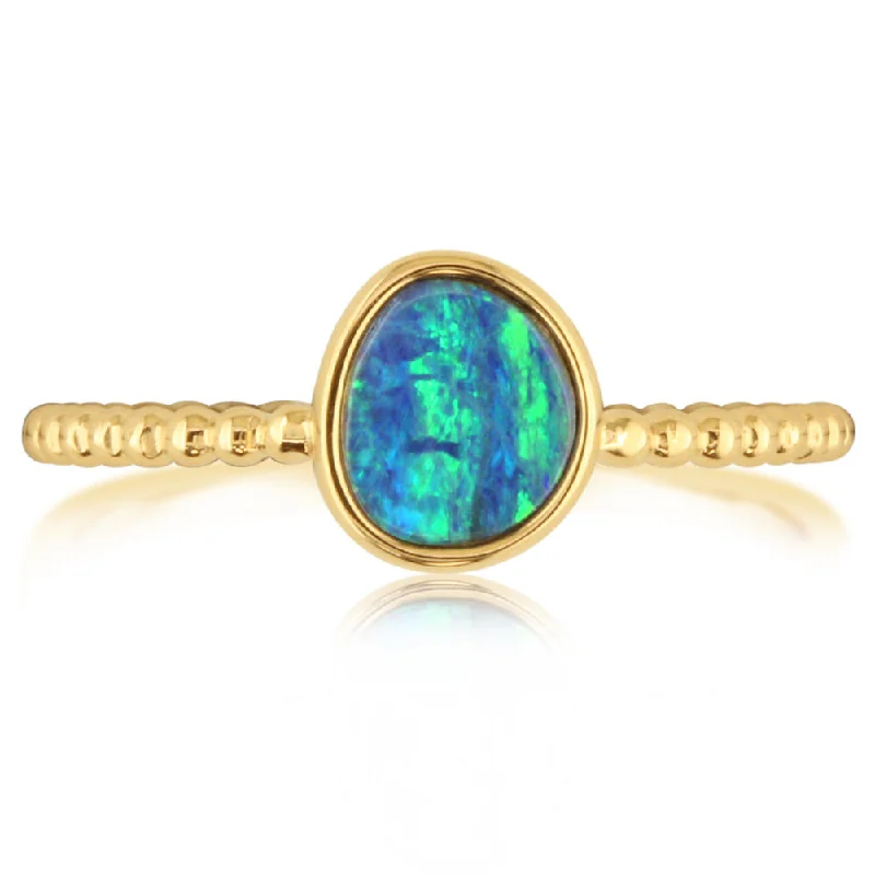 14K Yellow Gold Australian Opal Doublet Beaded Shank Ring