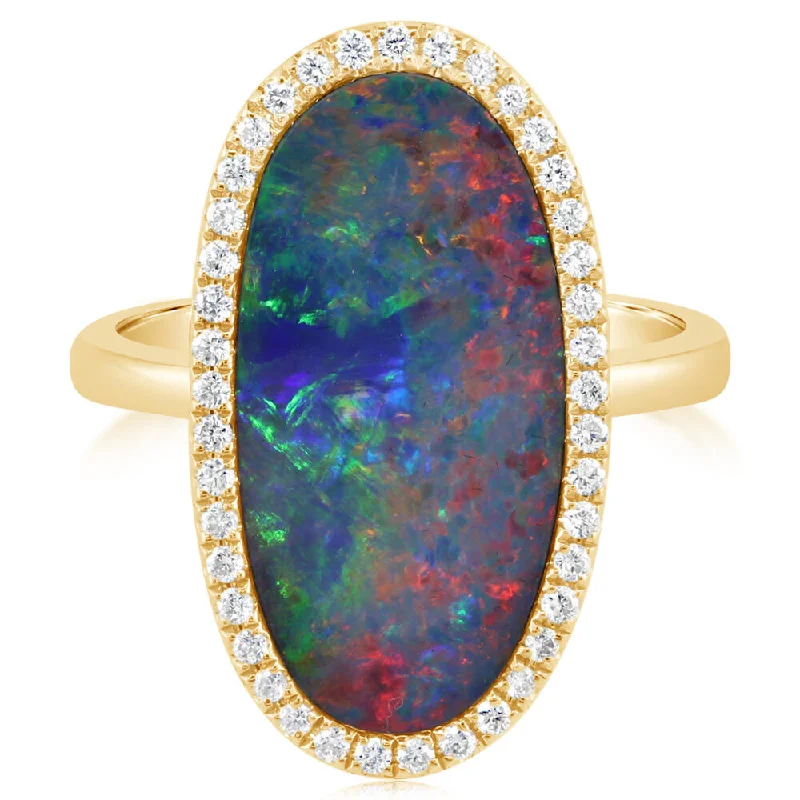 14K Yellow Gold Australian Opal Doublet/Diamond Ring