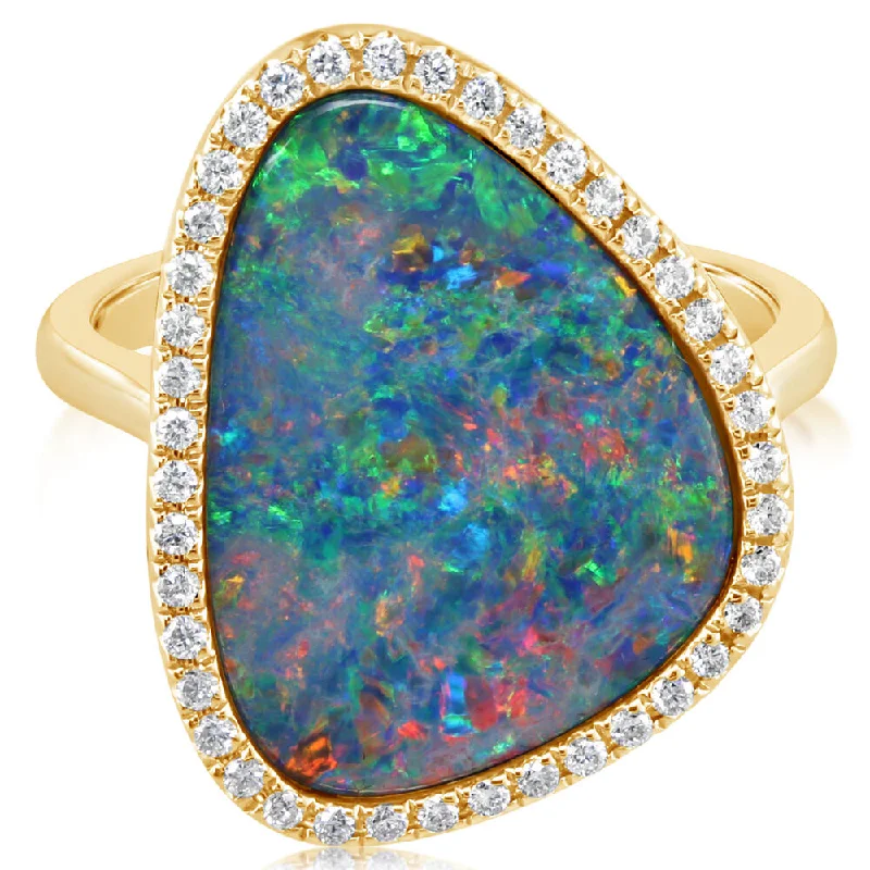 14K Yellow Gold Australian Opal Doublet/Diamond Ring