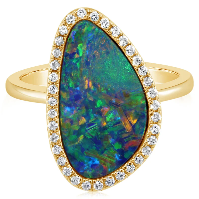 14K Yellow Gold Australian Opal Doublet/Diamond Ring