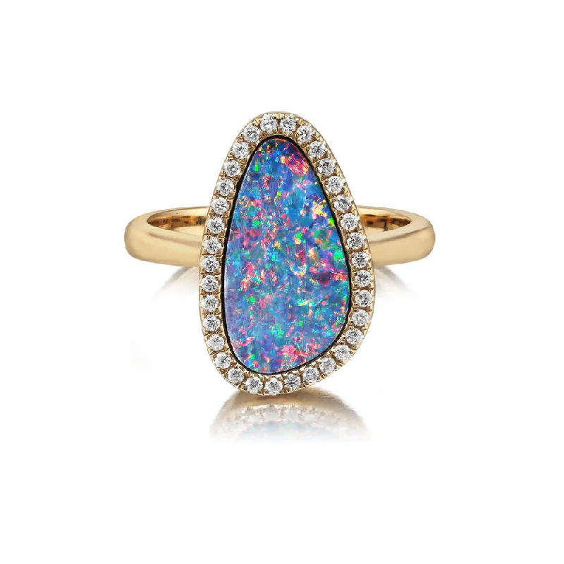 14K Yellow Gold Australian Opal Doublet/Diamond Ring