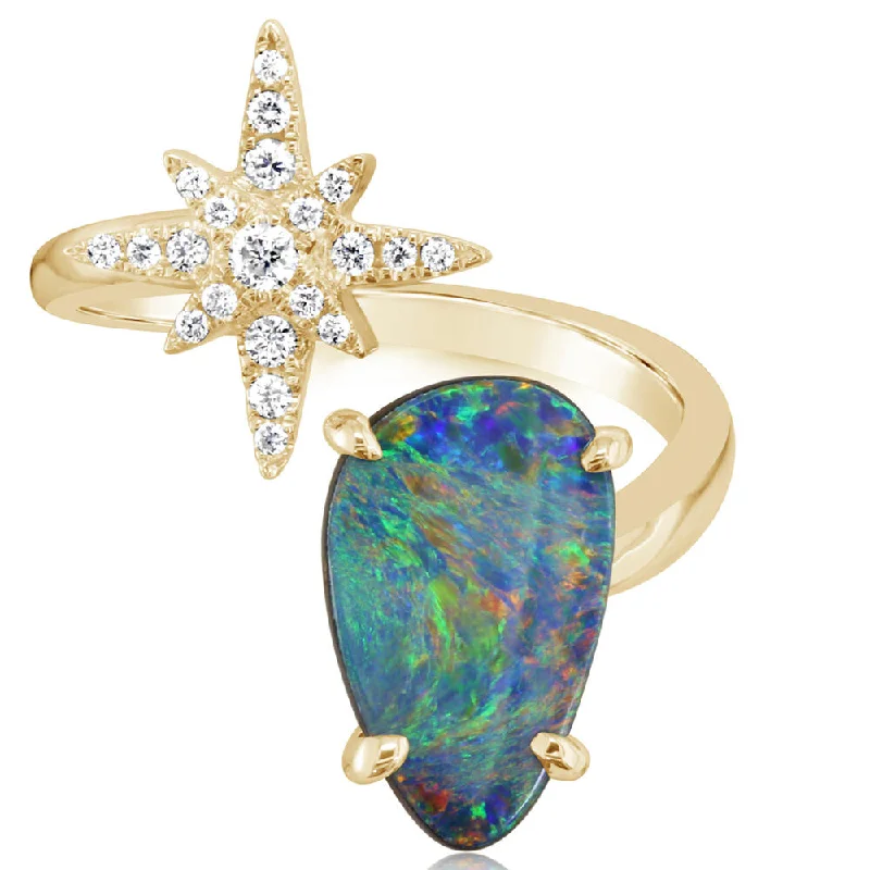 14K Yellow Gold Australian Opal Doublet/Diamond Star Ring