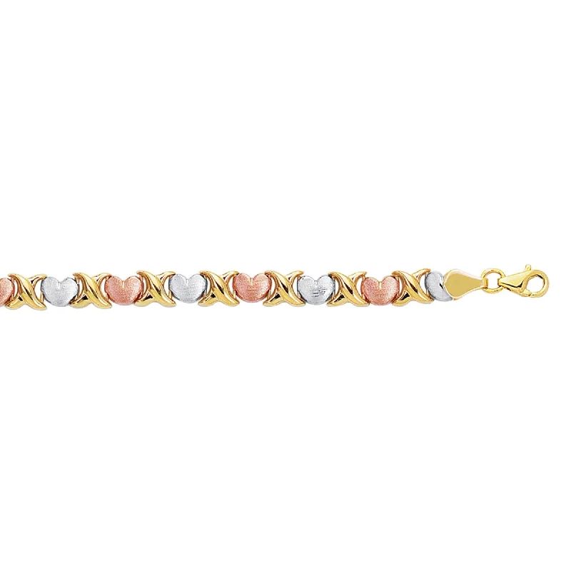 14kt 7.25 inches Yellow+White+Rose Gold Textured Shiny Tri Color Hugs+Kisses Bracelet with Pear Shape Clasp