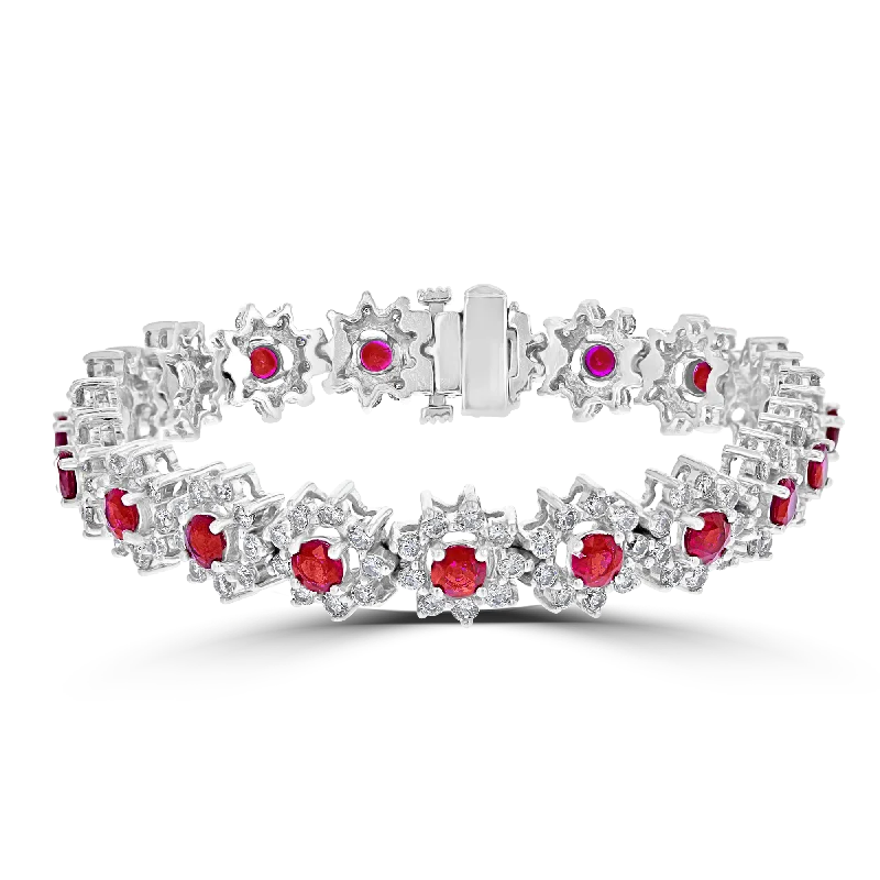 14KT GOLD 6.35 CTW RUBY & 5.62 CTW DIAMOND HALO BRACELET