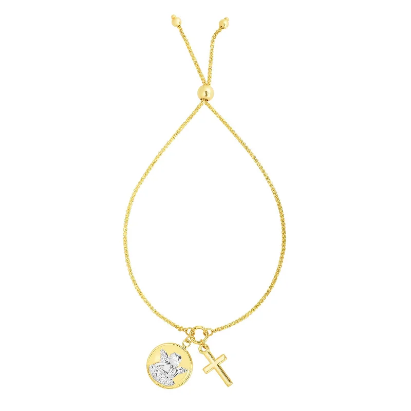 14kt Gold 9.25 inches Yellow+White Finish Chain:1mm+Pendant:20x14mm Shiny Cross Adjustable Friendship Bracelet with Draw String Clasp