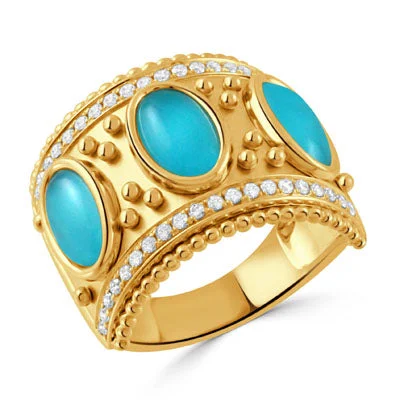 18K Gold Diamond Ring with Cabochon Cut Turquoise