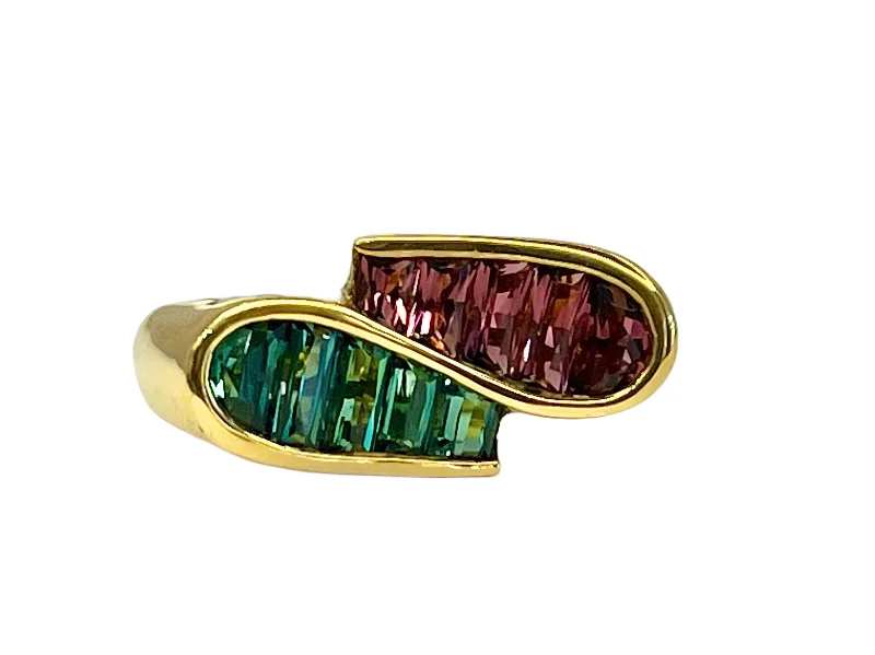 18k Yellow Gold Designer Pink and Green Tourmaline Ring