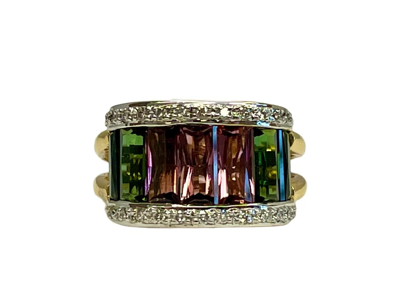 18k Yellow Gold Pink and Green Tourmaline & Diamond Ring