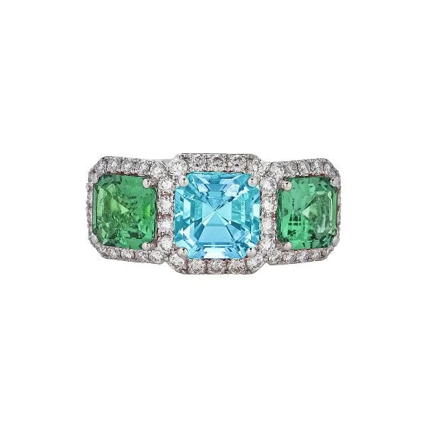 Aquamarine and Green Tourmaline Three-Stone Ring with Diamonds