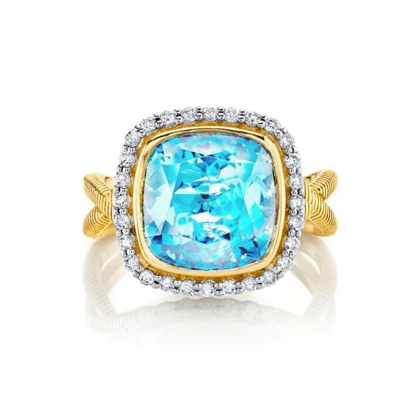 18k Yellow Gold Sky Blue Topaz Diamond Halo Ring