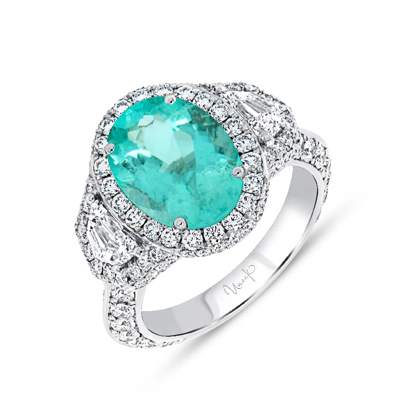 3-Stone-Halo Oval Shaped Paraiba Ring