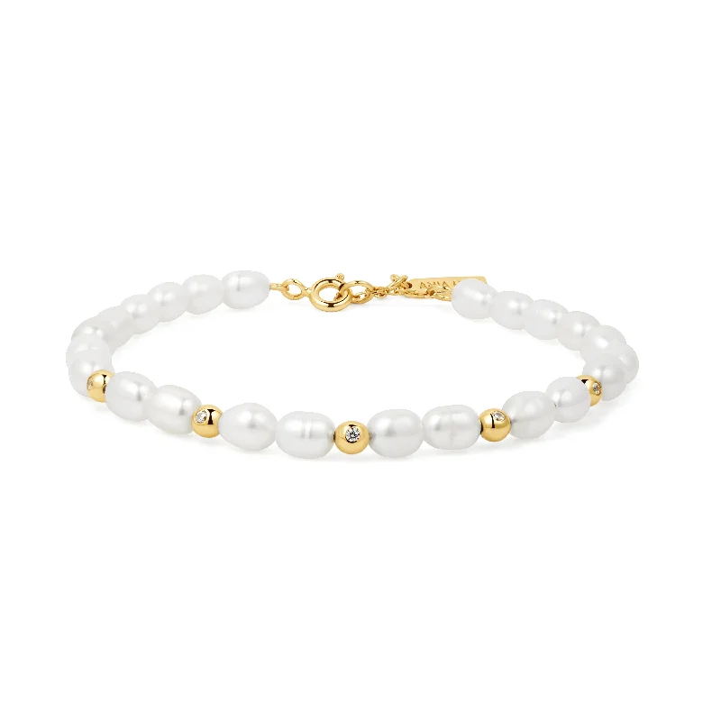 Gold Freshwater Pearl and White Cubic Zirconia Bezel Set Bracelet