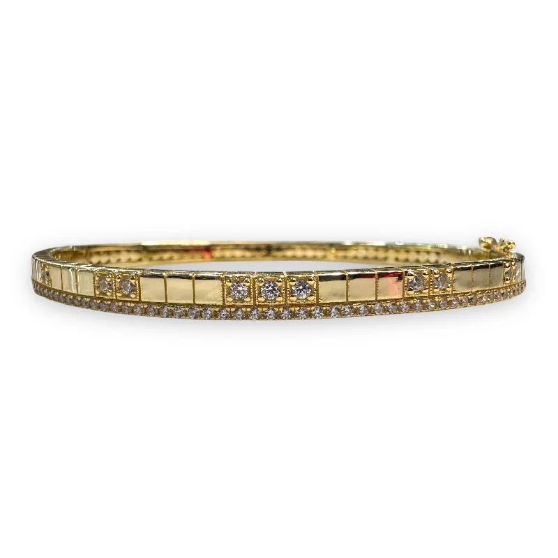 Bangle with CZs & Box Design and CZ Border On one Side - Gold or Silver