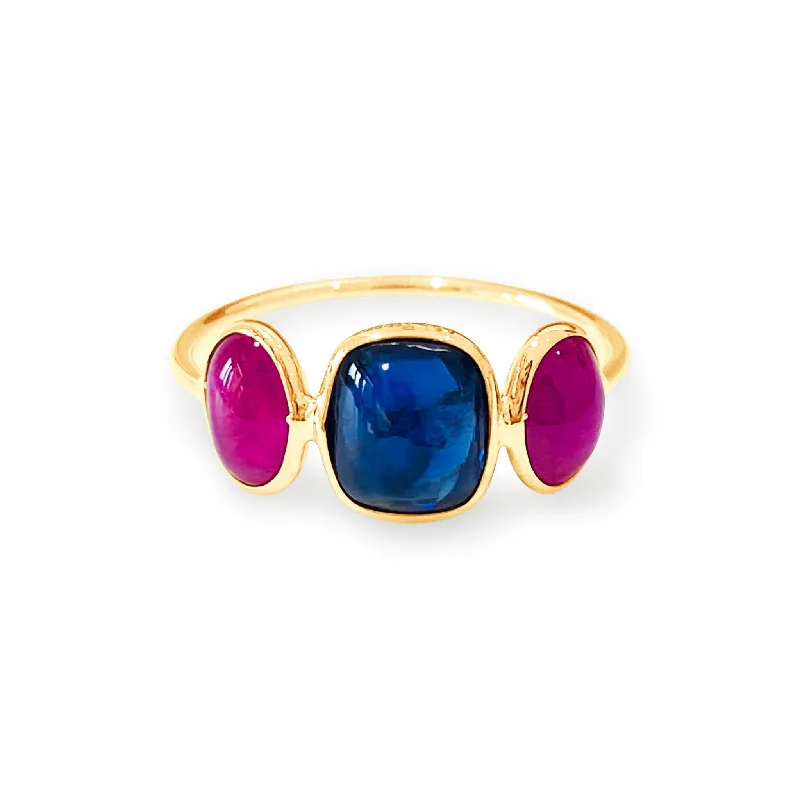 Blue Sapphire Budget Shape & Ruby Oval Ring In 18K Yellow Gold