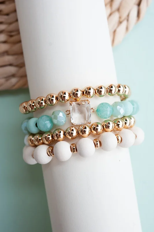 Carol Bracelet Stack | Teal Gold and Painted Wood Layering Bracelet