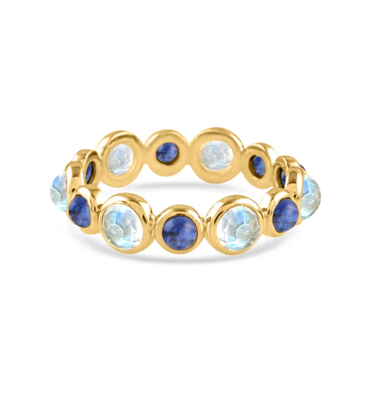 Blue Sapphire and Rainbow Moonstone Round Ring In 18K Yellow Gold