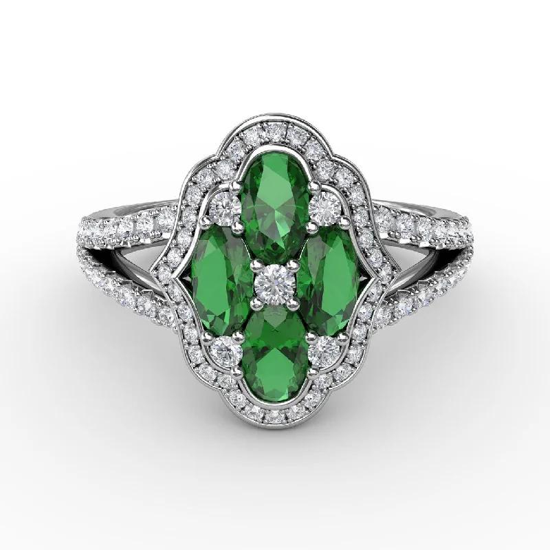 Diamond & Emerald Cocktail Ring in 14K White Gold