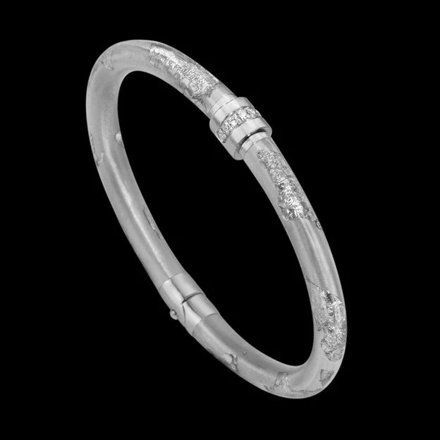 Diamond, Enamel and White Gold Leaf Sterling Silver Bangle Bracelet