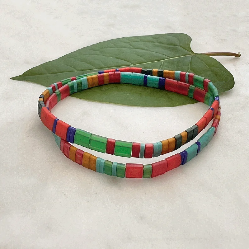 Glass Tile Bead Bracelet Set - Red Multi, Guatemala