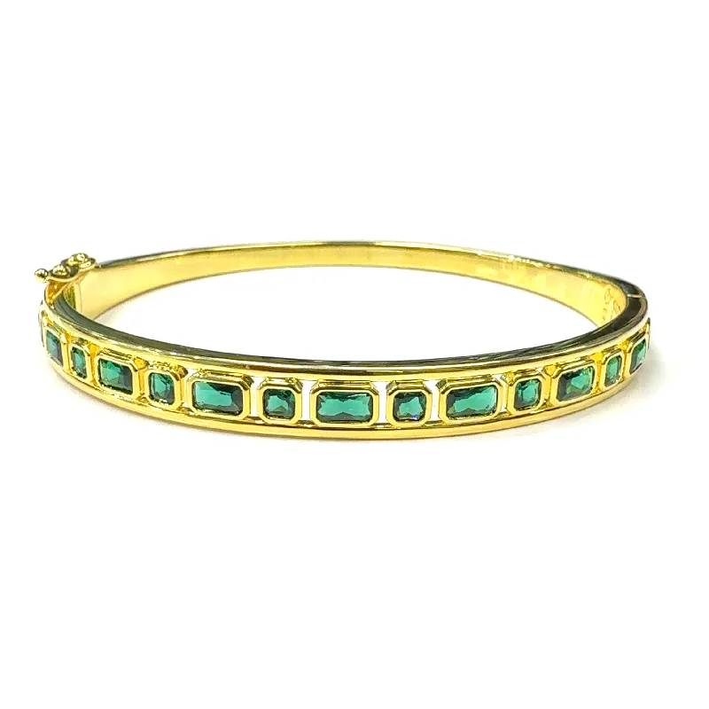 Gold Plated Alternating Square & Rectangle Stone Bangle Bracelet