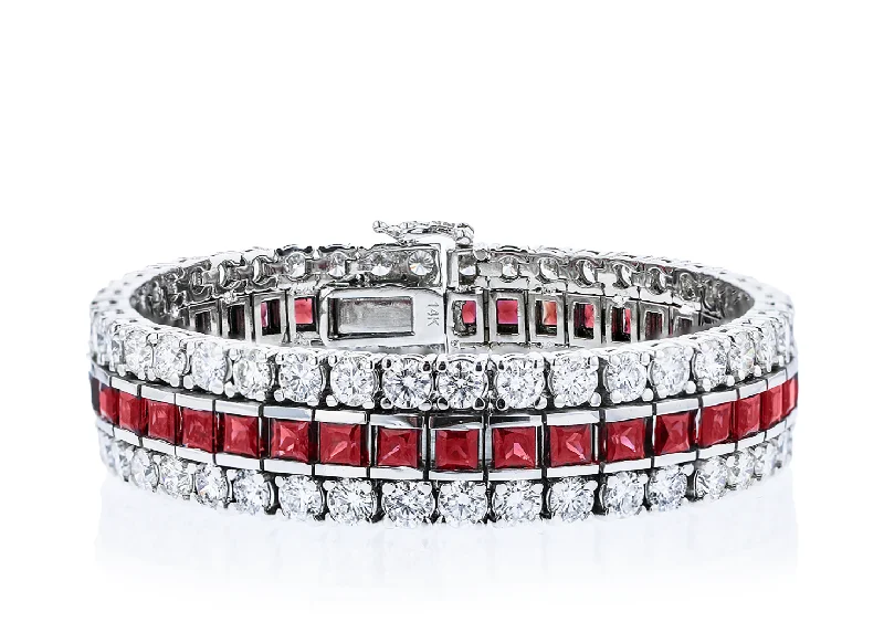 JULEVE 14KT WHITE GOLD 11.90CT RUBY & 16.17CTW DIAMOND BRACELET