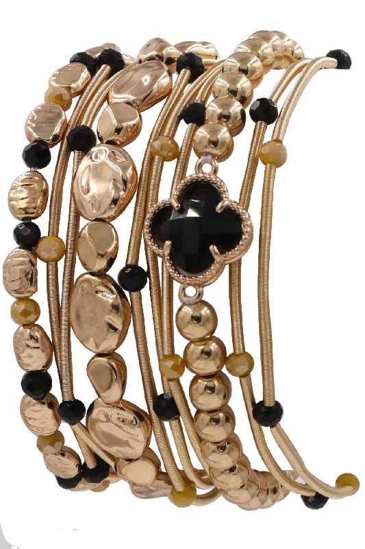 Metal Coil Black And Gold Beaded Quatrefoil Stretch Bracelet Set