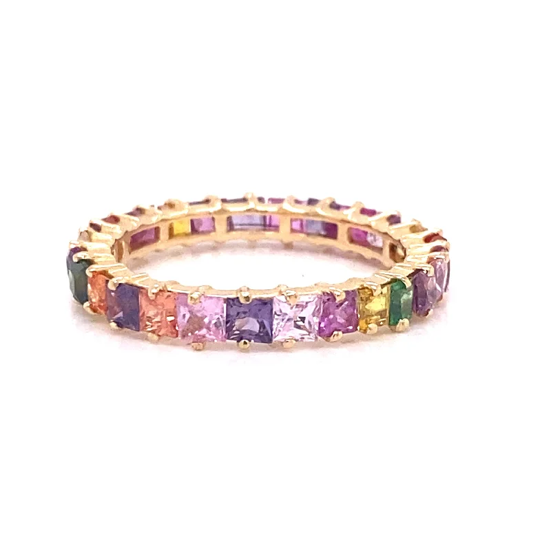 Multicolor Sapphire Squares Stacking Ring In 18K Yellow Gold