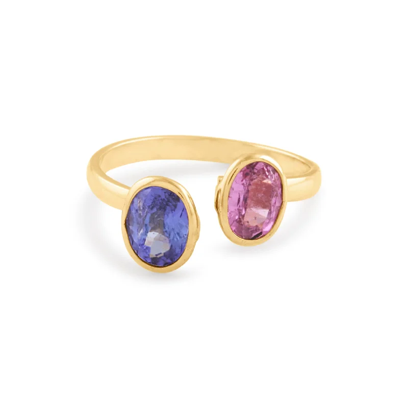 Pink Tourmaline & Tanzanite Oval Ring In 18K Yellow Gold