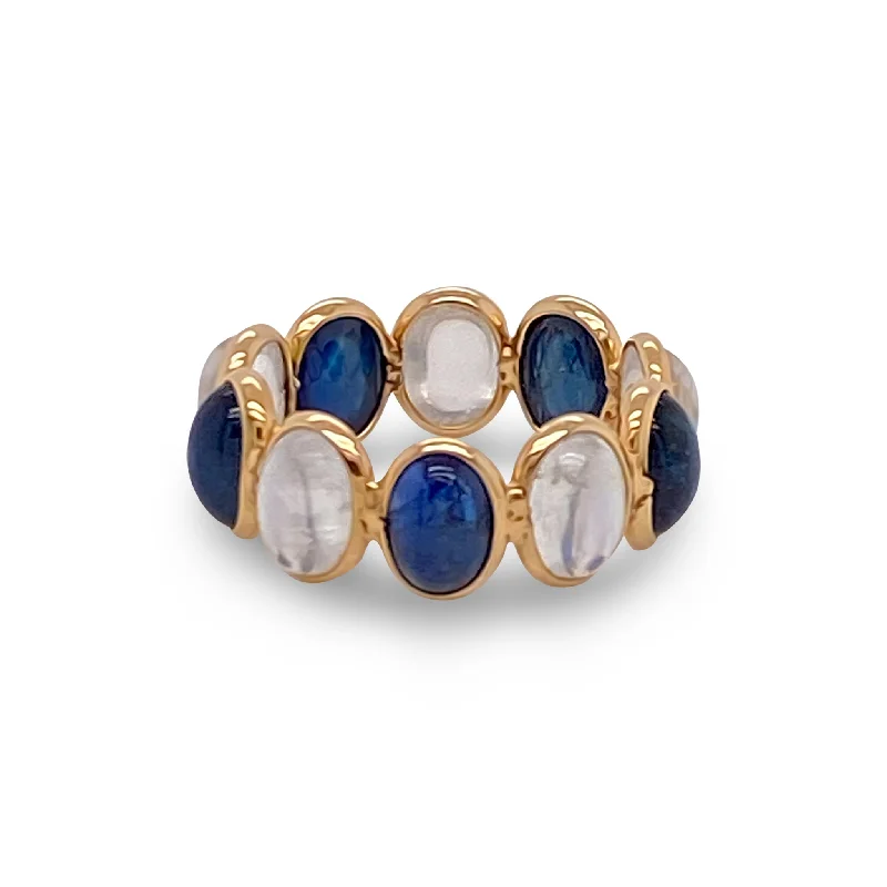 Rainbow Moonstone And Blue Sapphire Oval Ring In 18K Yellow Gold