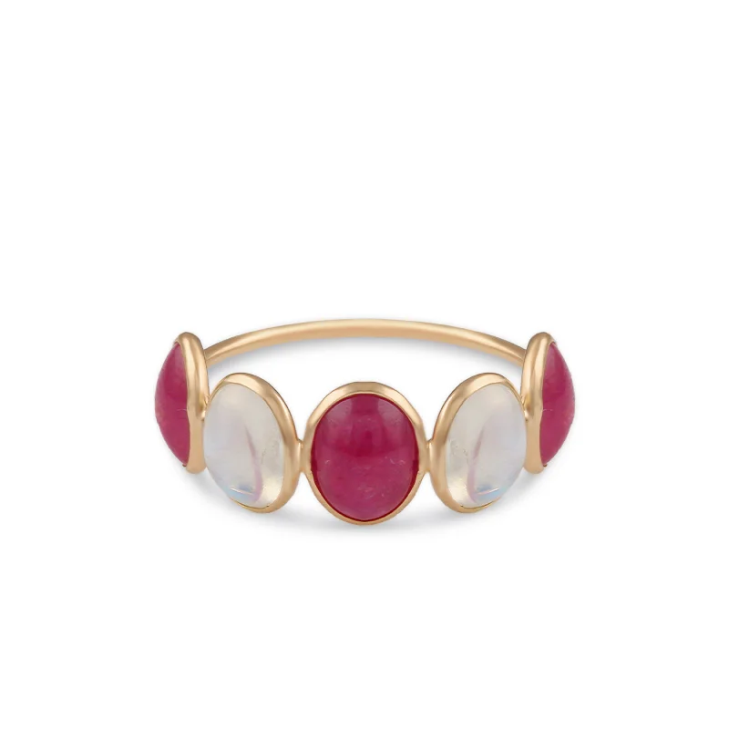 Rainbow Moonstone & Ruby Oval Ring In 18K Yellow Gold