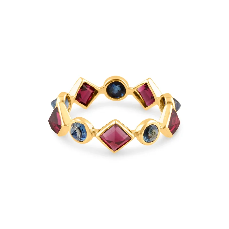 Rhodolite Round & Blue Sapphire Princess Cut Ring In 18K Yellow Gold