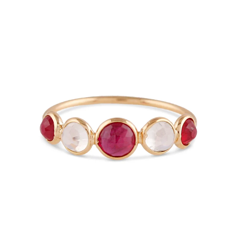 Ruby & Rainbow Moonstone Round Ring In 18K Yellow Gold