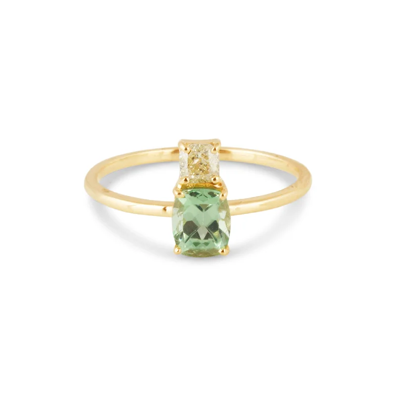 Tsavorite Rect. & Diamond Sq. Ring In 18K Yellow Gold