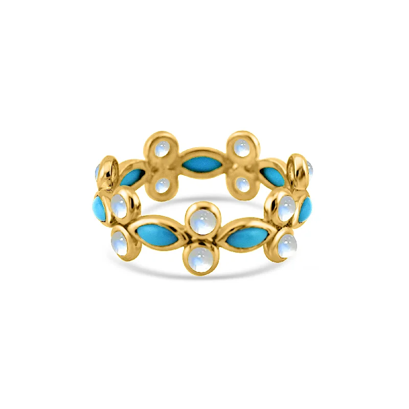 Turquoise Marquise & Rainbow Moonstone Round Ring In 18K Yellow Gold